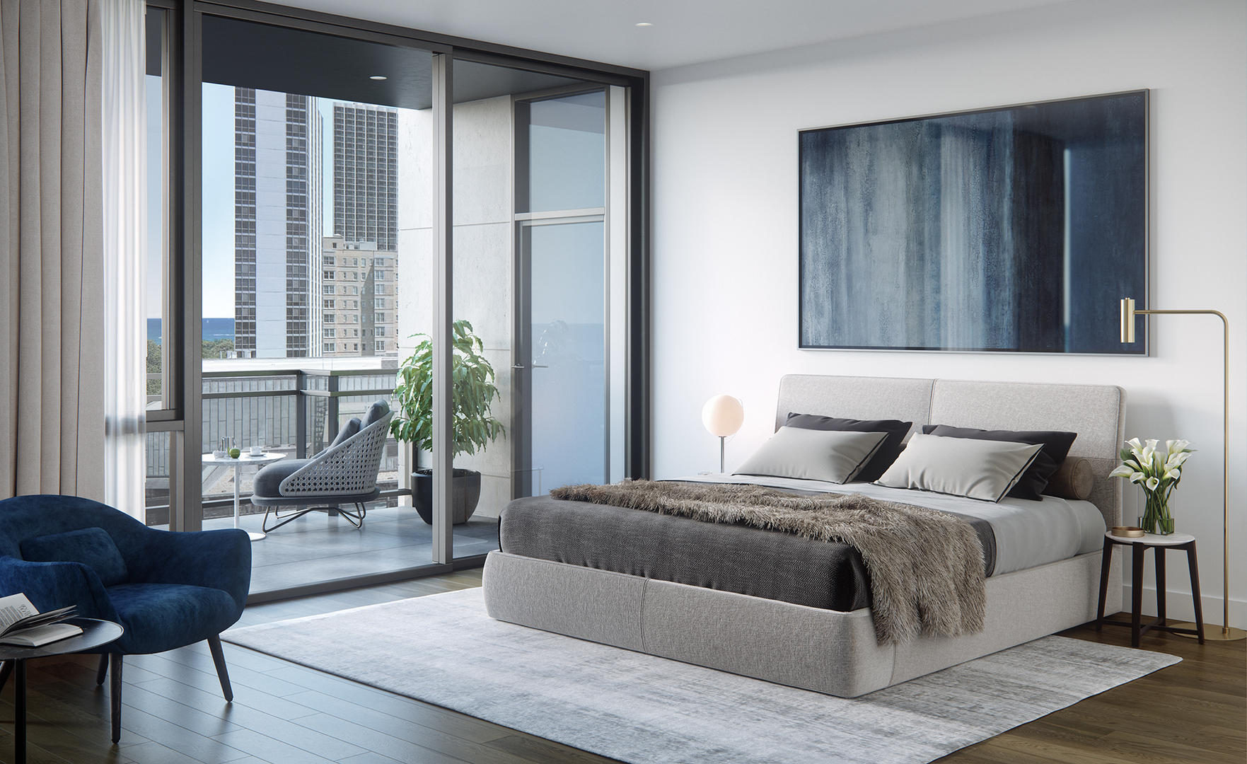 1550 North Clark Street, Unit 901 Chicago, IL 60610 - Photo 14 of 19 a bedroom with a large bed and a couch