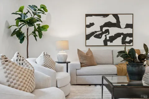 a living room with furniture and a potted plant