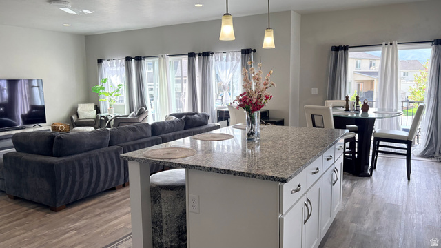 7889 Bristlecone Road Eagle Mountain, UT 84005 - Photo 16 of 42 Open-concept living area featuring a kitchen island with granite-finish countertop, pendant lighting, wood-finish flooring, and multiple windows with sliding door access to an exterior space