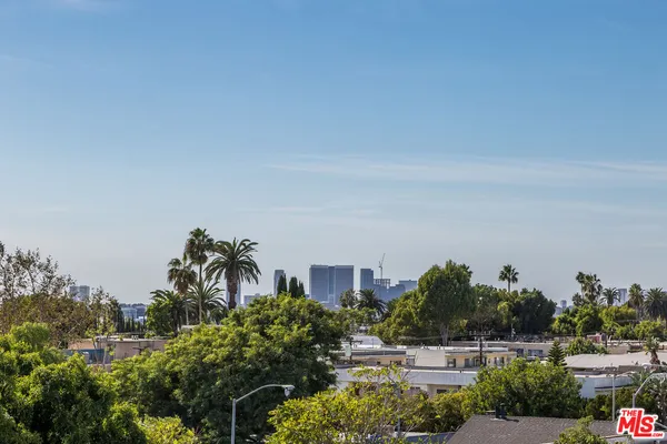 a view of a large building with a mountain in the background