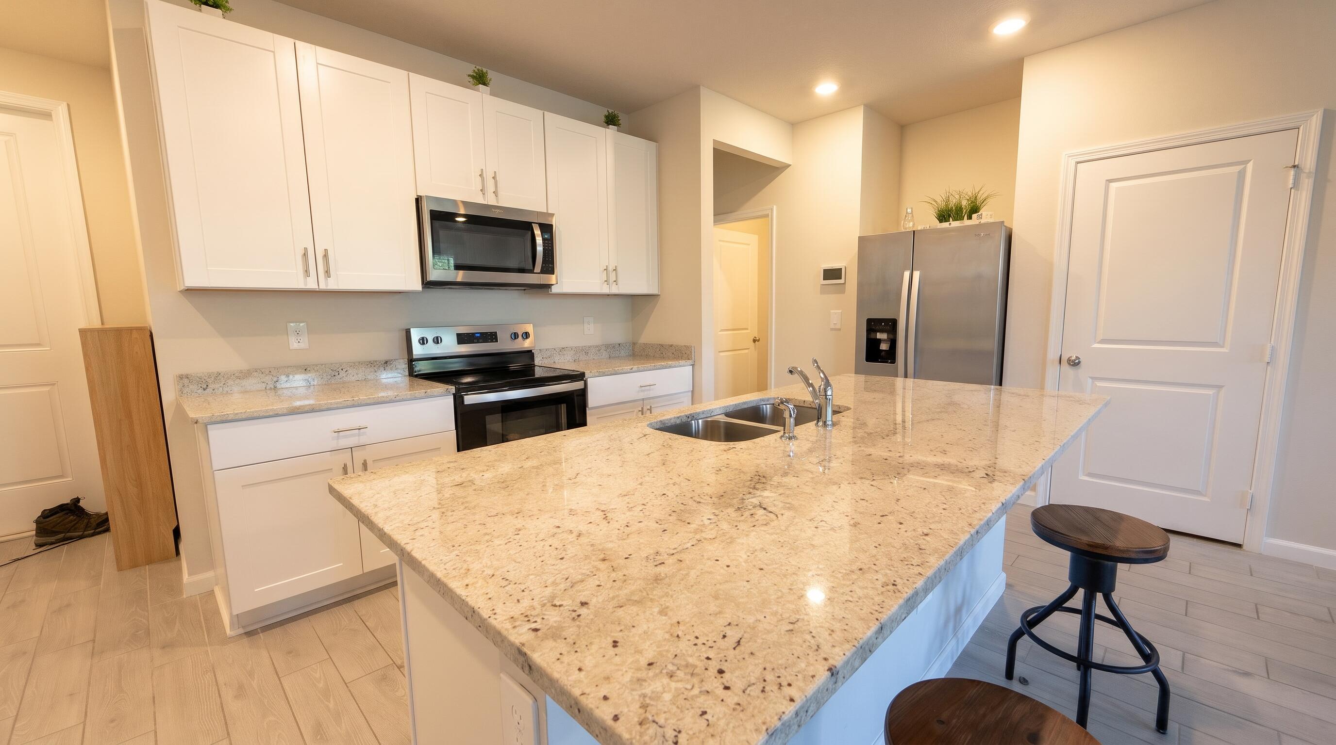 5784 Southeast Edgewater Circle Stuart, FL 34997 - Photo 4 of 33 a kitchen with stainless steel appliances granite countertop a sink a stove a refrigerator a microwave with a dining table and chairs