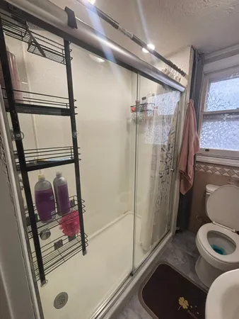 a bathroom with a shower and a sink