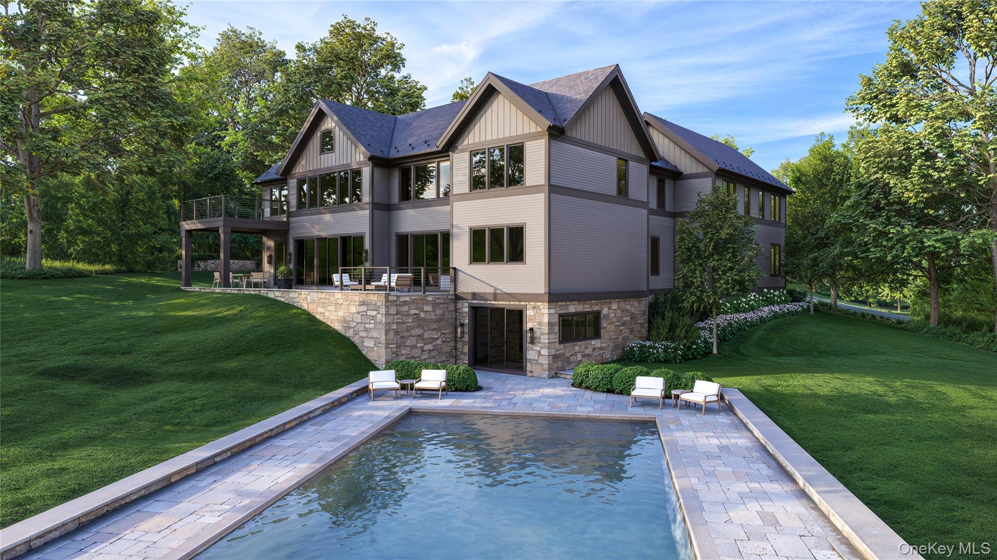 1 Hemlock Hill Road Bedford, NY 10506 - Photo 3 of 4 a front view of a house with a yard table and chairs