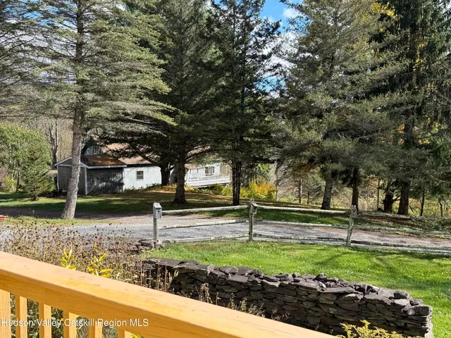 a view of a park with large trees