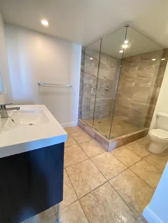 a bathroom with a shower and a toilet
