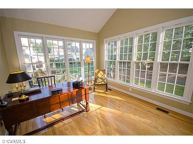 913 Rise Shaft Road Midlothian, VA 23114 - Photo 10 of 24 Office - A light and bright private office off the kitchen offers a cathedral ceiling, ceiling fan and spectacular 3 sides of windows which overlook the rear yard.