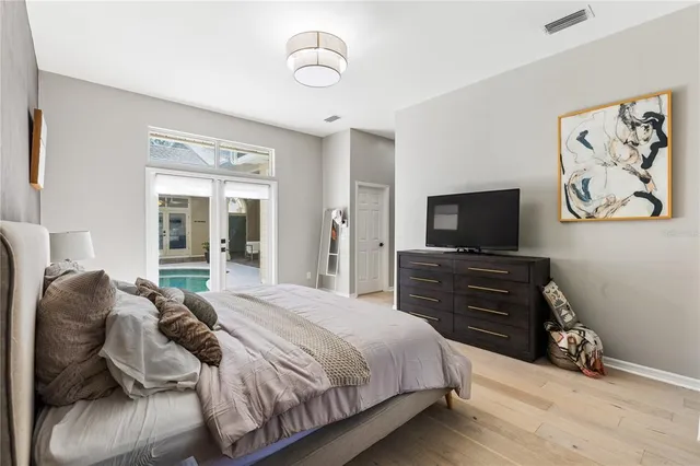 a bedroom with a bed and a flat screen tv