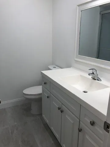 a bathroom with a sink a toilet and mirror