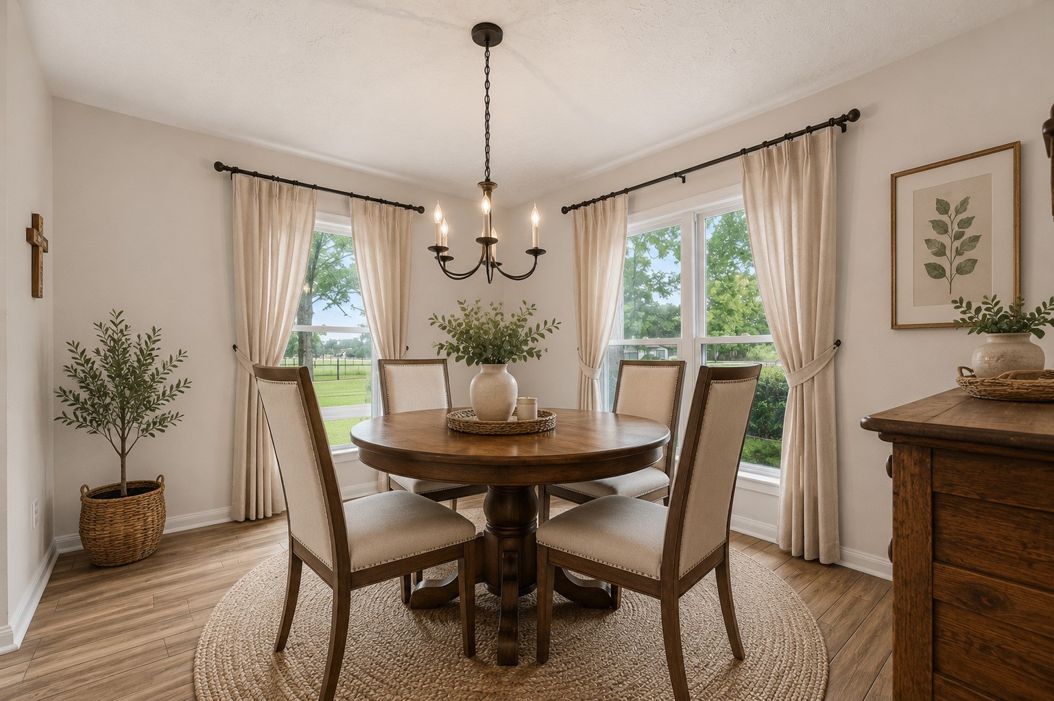 1004 Wagon Road Simonton, TX 77485 - Photo 14 of 40 This bright and cheerful dining area is bathed in natural light from large windows that frame lovely views of the lush front yard and mature trees beyond. A charming chandelier hangs above as a graceful focal point, perfectly complementing the warm wood-look tile flooring. (Virtually enhanced)