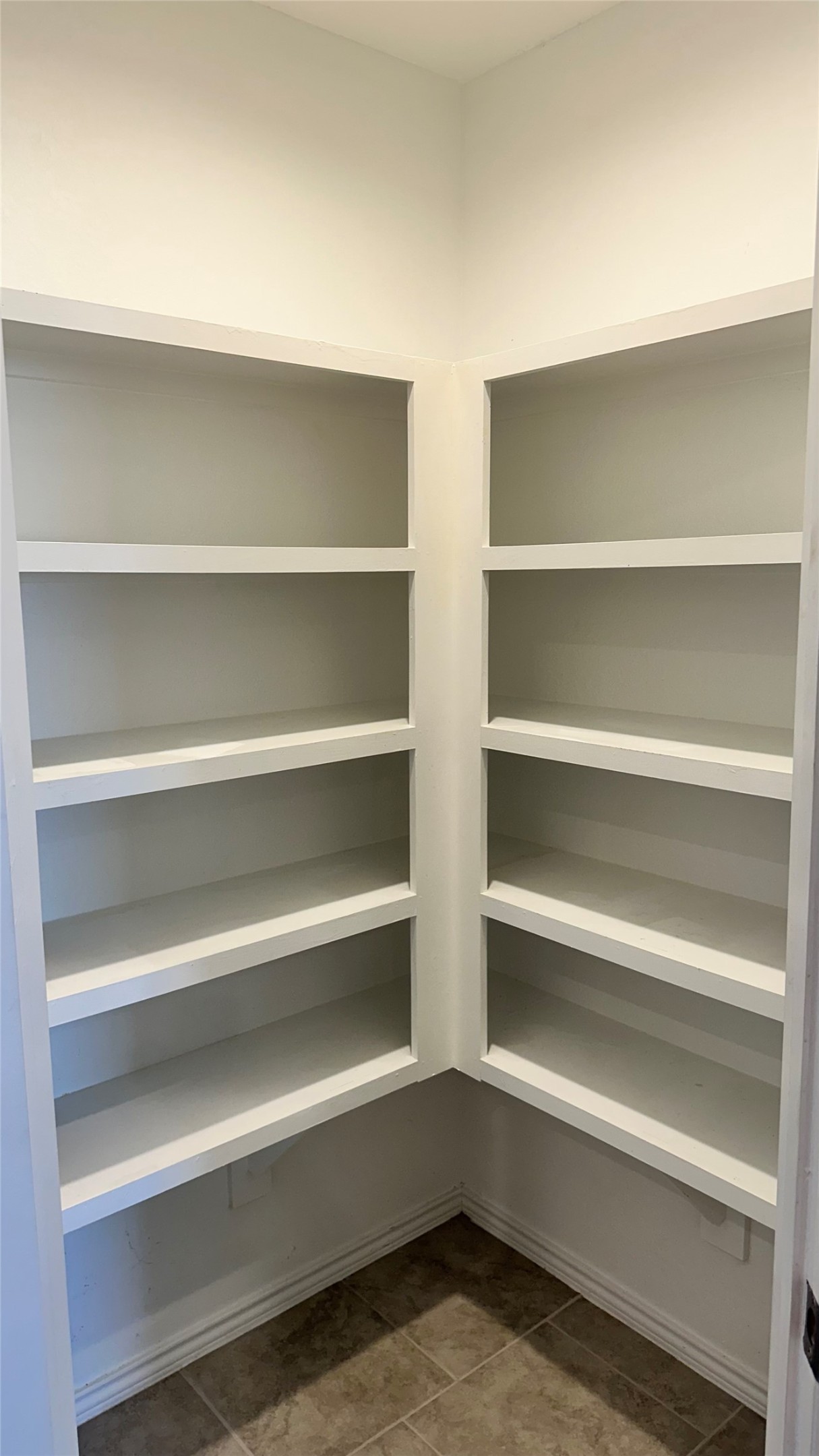 1103 Cattle Chute Court Rosharon, TX 77583 - Photo 18 of 26 This is a spacious walk-in pantry with multiple white shelves, perfect for organized storage. The room has tiled flooring and a clean, bright appearance.