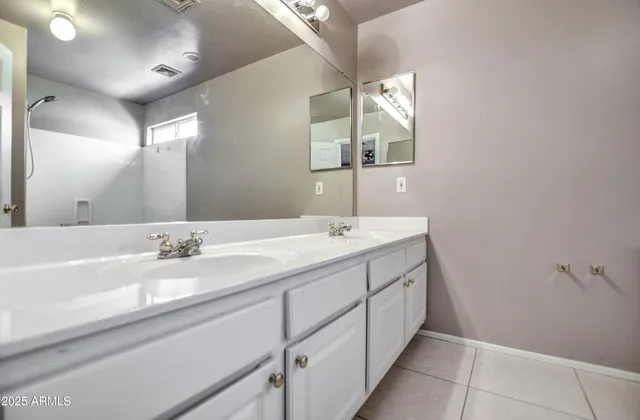 a bathroom with a double vanity sink and a mirror