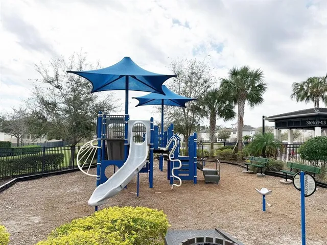 an outdoor space with seating