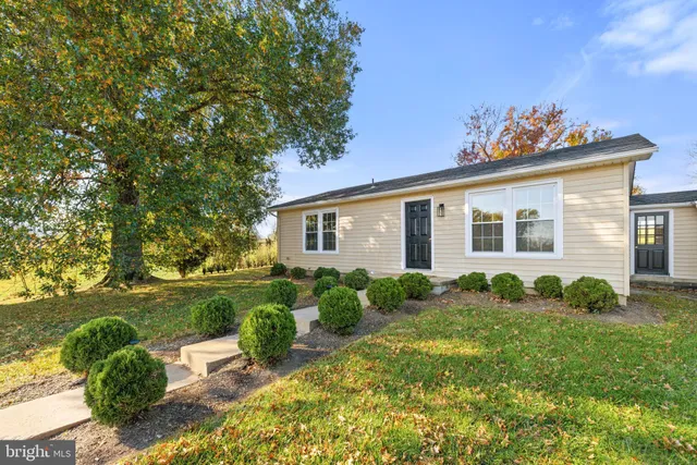 a view of a house with backyard and garden