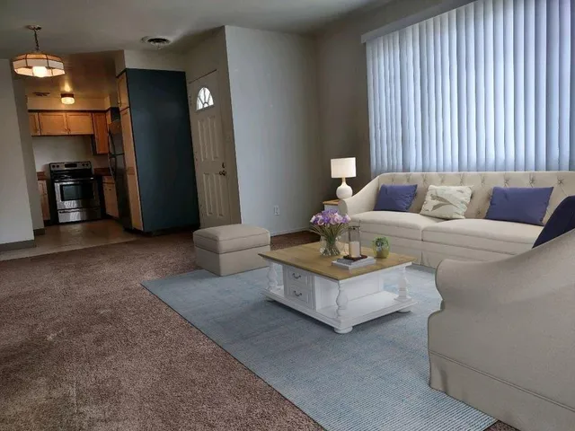 a living room with furniture and a fireplace