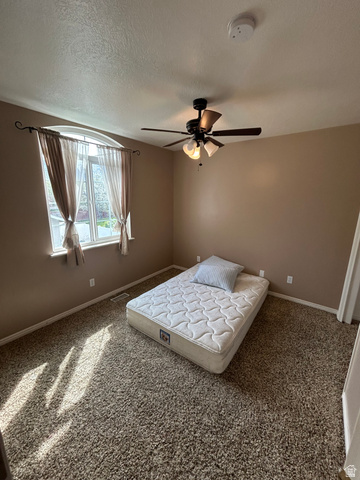 432 Spring Lane Logan, UT 84341 - Photo 20 of 22 Bedroom with dark colored carpet, a ceiling fan, and a textured ceiling