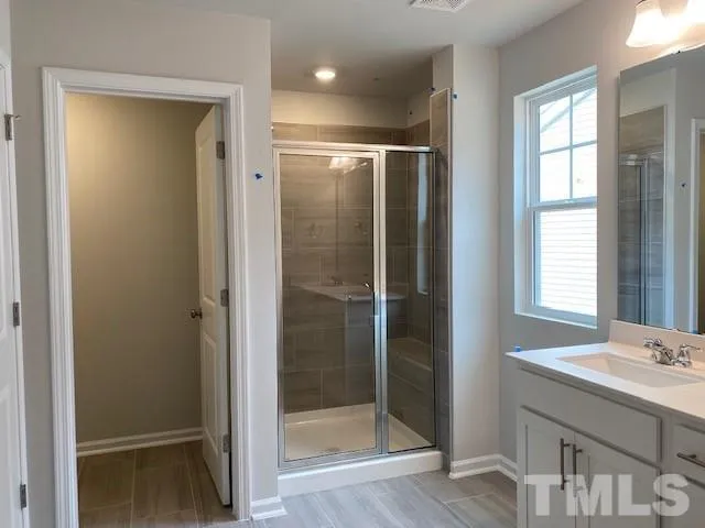 a bathroom with a shower and a sink