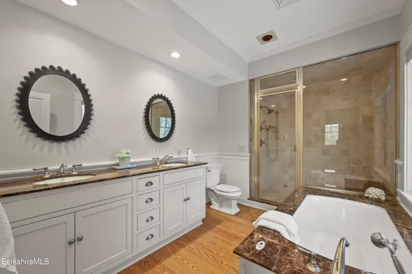 a bathroom with a sink mirror and toilet