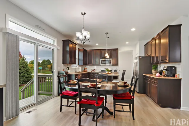 a view of a dining room with furniture window and outside view
