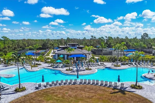 a view of a swimming pool with lawn chairs and a potted plants