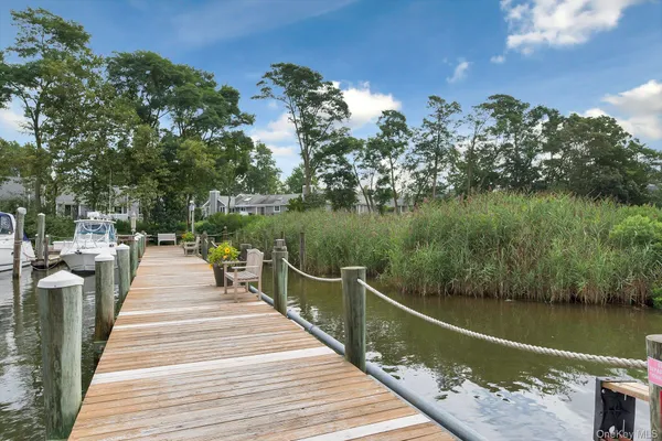 a lake view with a wooden bridge
