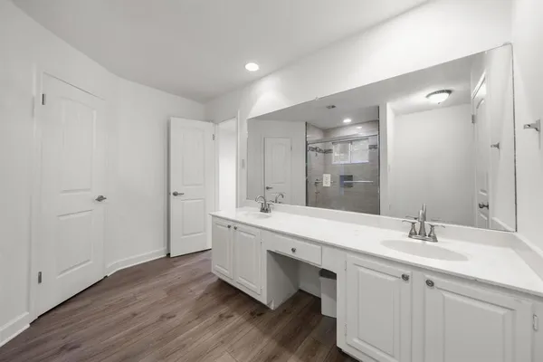 a bathroom with a shower and a sink