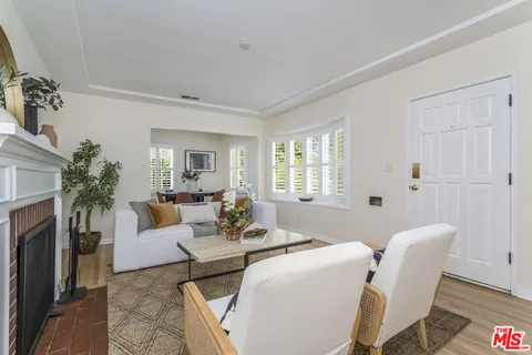 a living room with furniture a fireplace and a potted plant