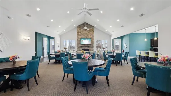 a view of a dining room with furniture