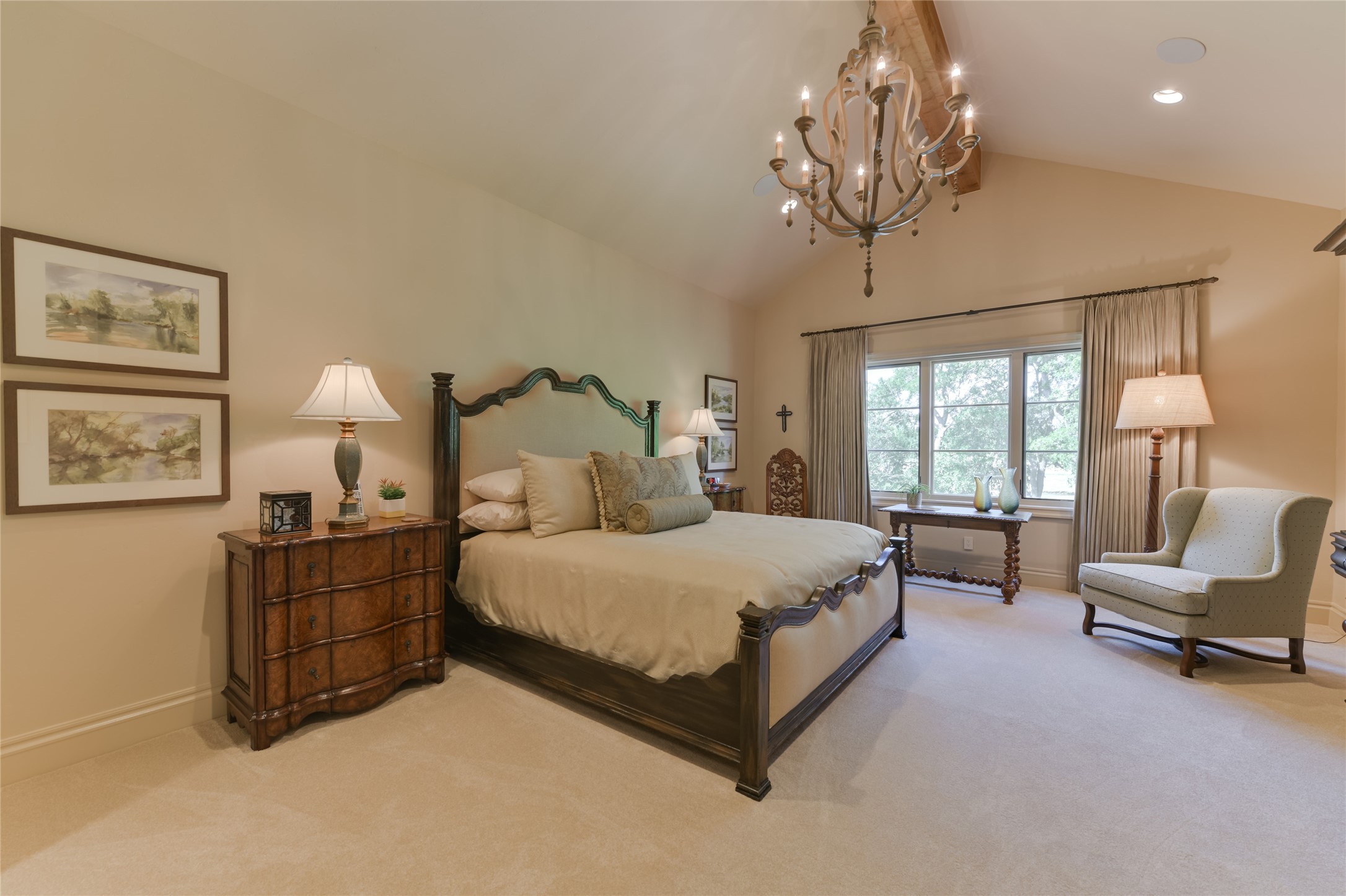 21729 Farm To Market 1887 Hempstead, TX 77445 - Photo 15 of 49 Another great asset to this well-planned home - an additional PRIMARY BEDROOM (20 X 15), this one upstairs and includes pitched ceiling (exposed wood beam/hanging chandelier/recessed lighting/built-in speakers, carpeted flooring, window with designer drapery, coffee bar and en suite bath.