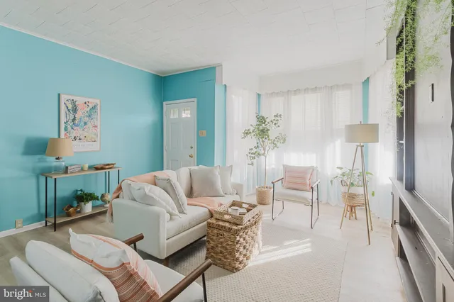 a living room with furniture and a potted plant