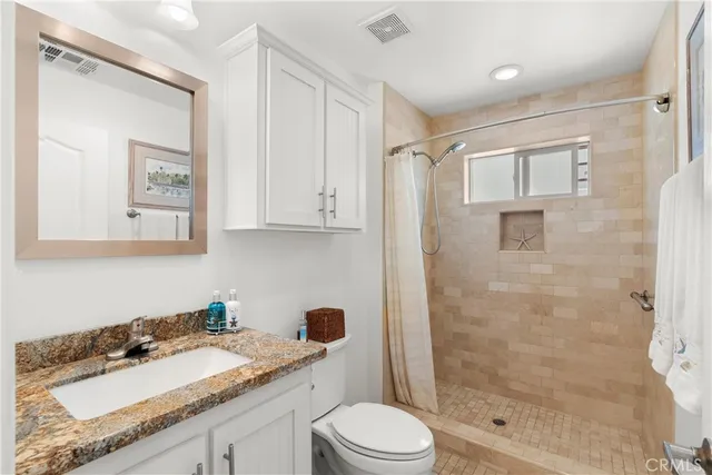 a bathroom with a granite countertop sink toilet and shower