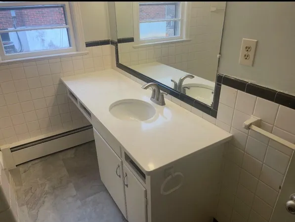 a bathroom with a sink and a mirror
