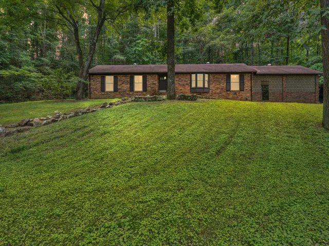 a view of a house with a yard and potted plants