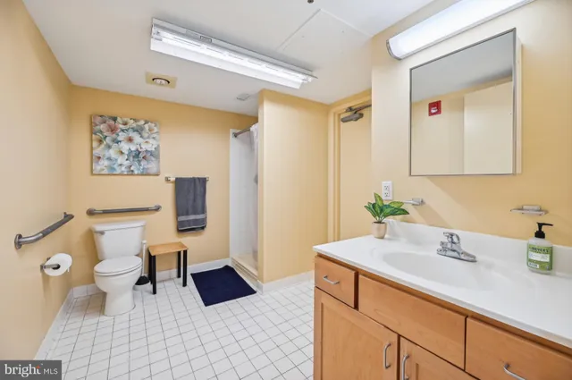 a bathroom with a sink a toilet and a large mirror