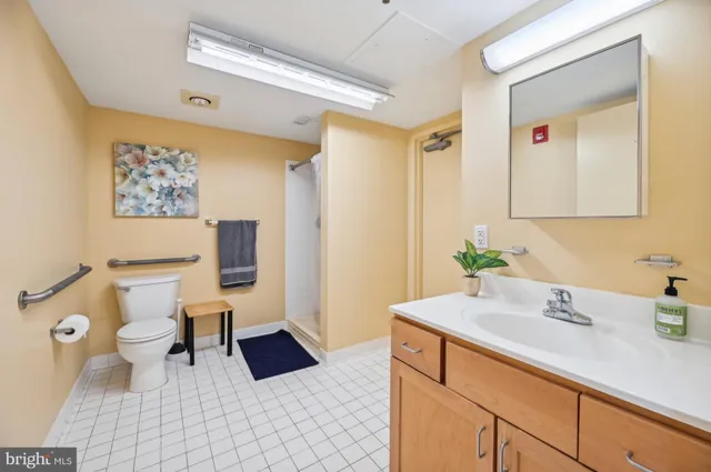 a bathroom with a sink a toilet and a large mirror