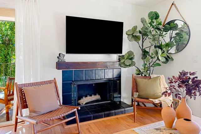 a living room with furniture fireplace and flower pot