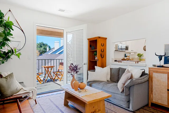 a living room with patio furniture and a potted plant