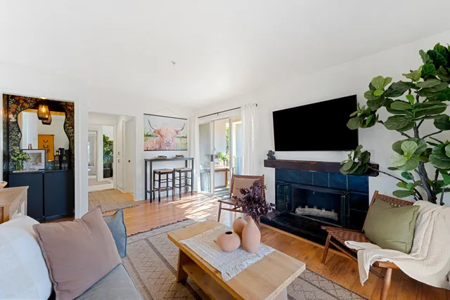 a living room with furniture a flat screen tv and a fireplace