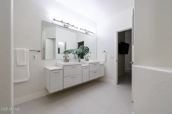 a bathroom with a double vanity sink a mirror and a shower