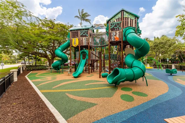 a view of a park with slide