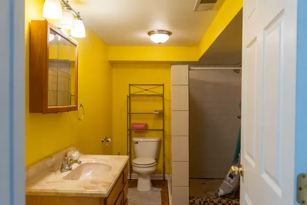 a bathroom with a shower and toilet