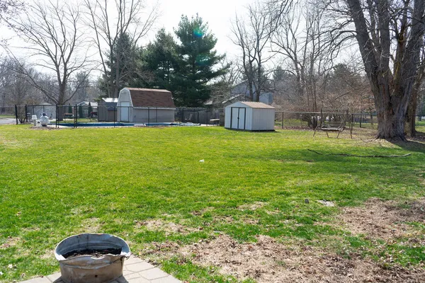 a view of a backyard with large trees