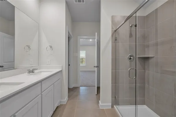 a bathroom with a shower sink and mirror
