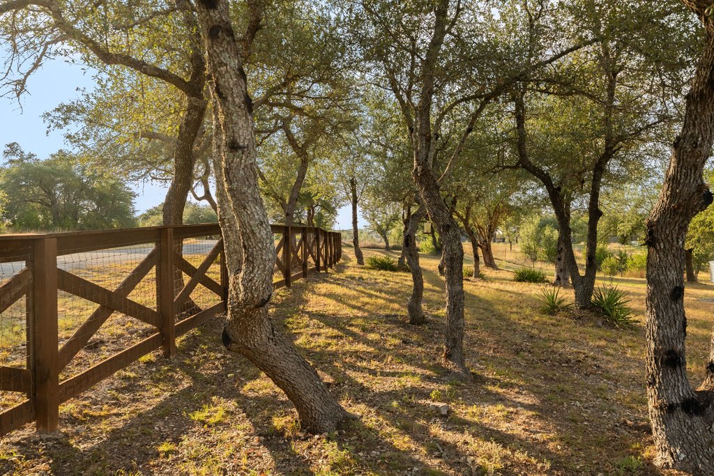 32045 Mirela Ann Road Dripping Springs, TX 78620 - Photo 28 of 36 Mature oak trees line a sturdy wooden fence enclosing the grassy yard.