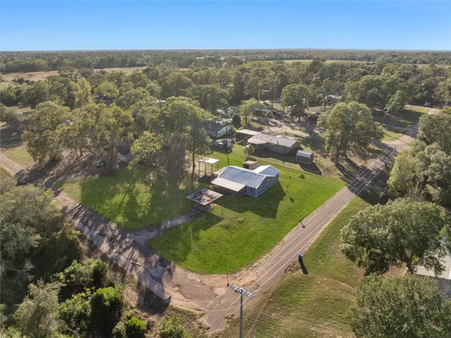 an aerial view of residential houses with outdoor space and trees