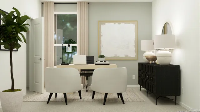 a dining room with furniture and window