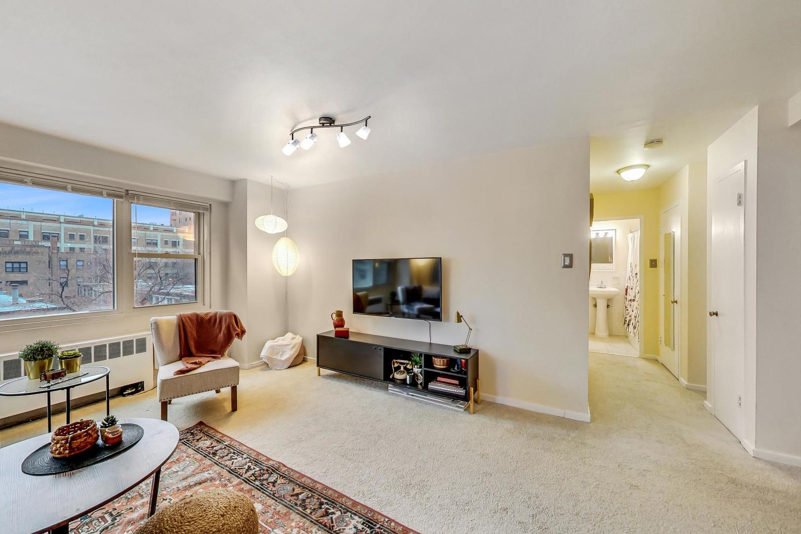 2909 North Sheridan Road, Unit 411 Chicago, IL 60657 - Photo 5 of 15 a living room with furniture gym equipment and a flat screen tv