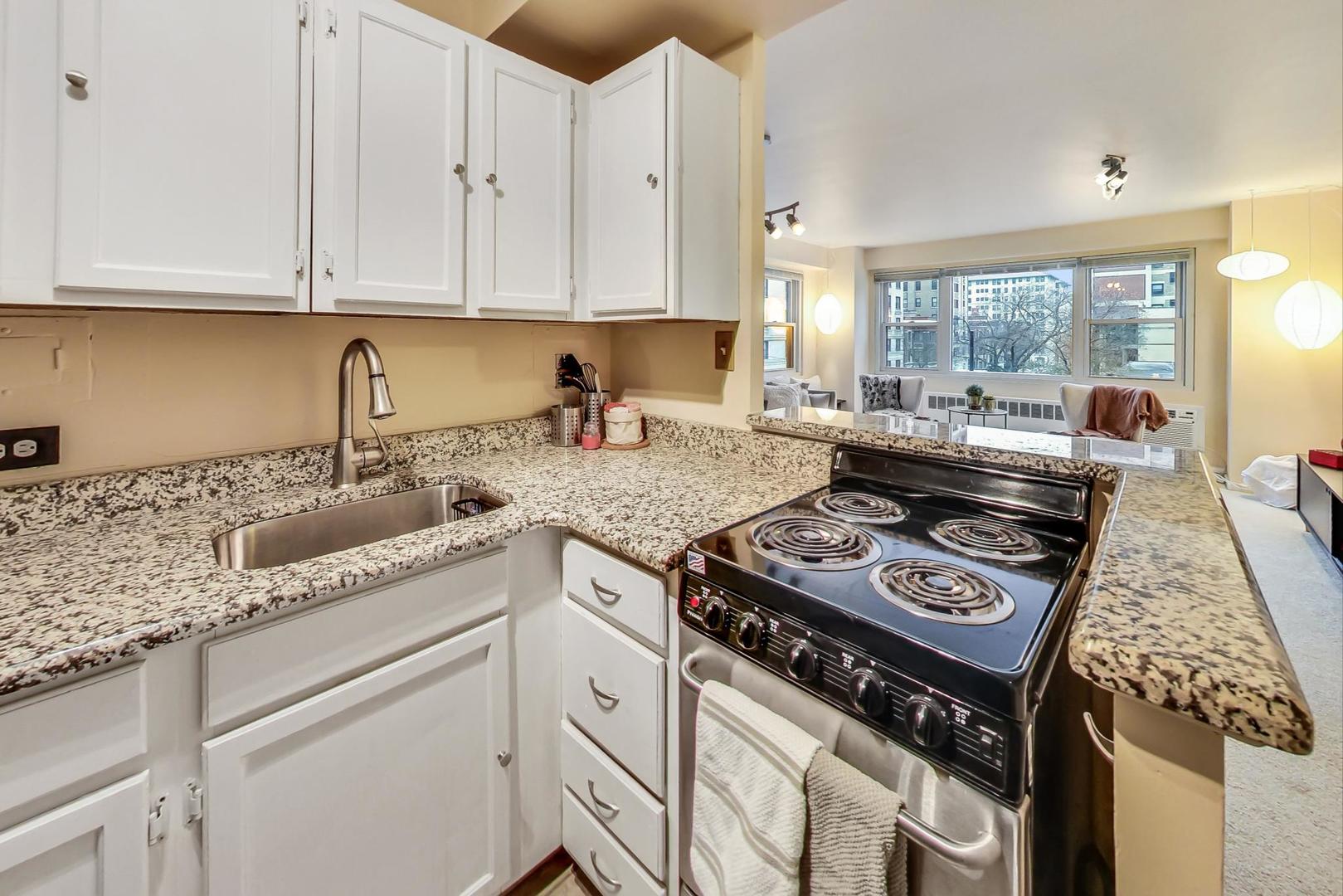 2909 North Sheridan Road, Unit 411 Chicago, IL 60657 - Photo 7 of 15 a kitchen with sink stove and cabinets
