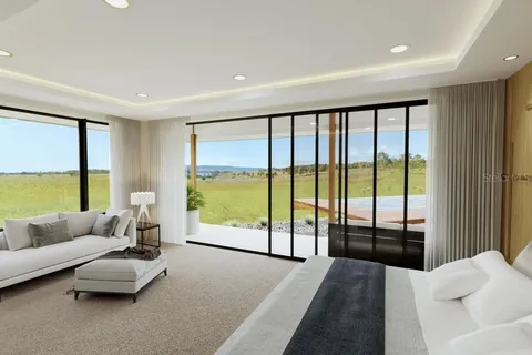 a living room with furniture and floor to ceiling window