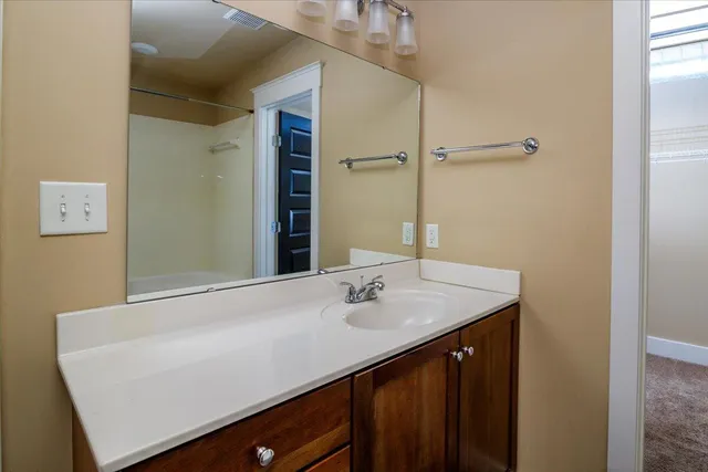 a bathroom with a sink vanity and a mirror