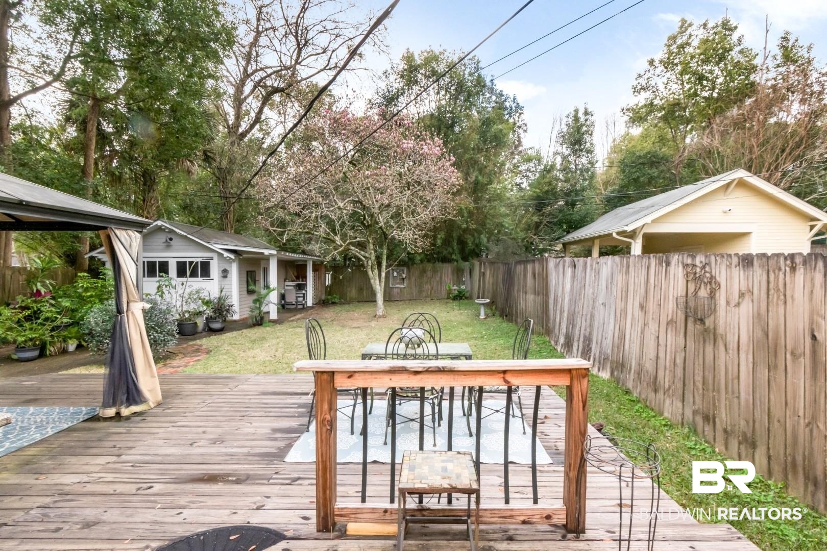 135 Silverwood Street Mobile, AL 36607 - Photo 19 of 32 Wooden deck with a fenced backyard, an outdoor structure, outdoor dining area, and area for grilling